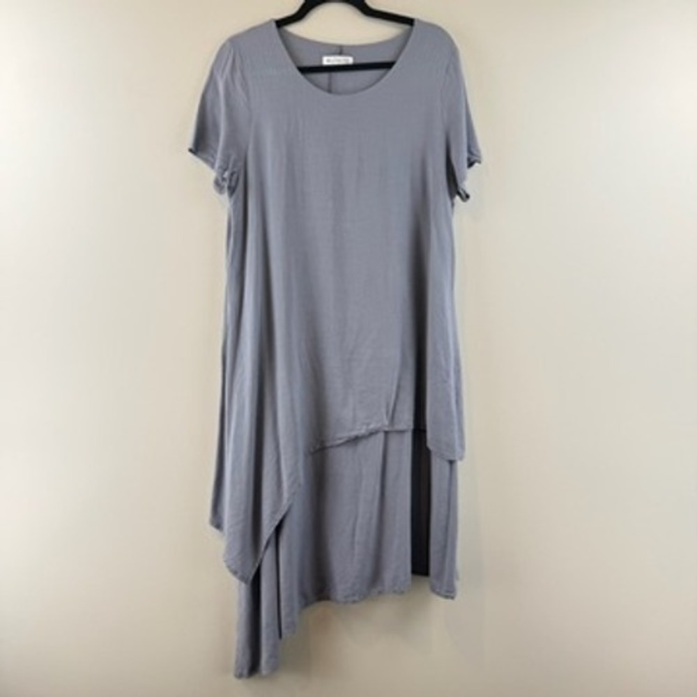 Tendency Dress Womens L Lagenlook Asymmetric Hem Layered Grey Tunic Short Sleeve